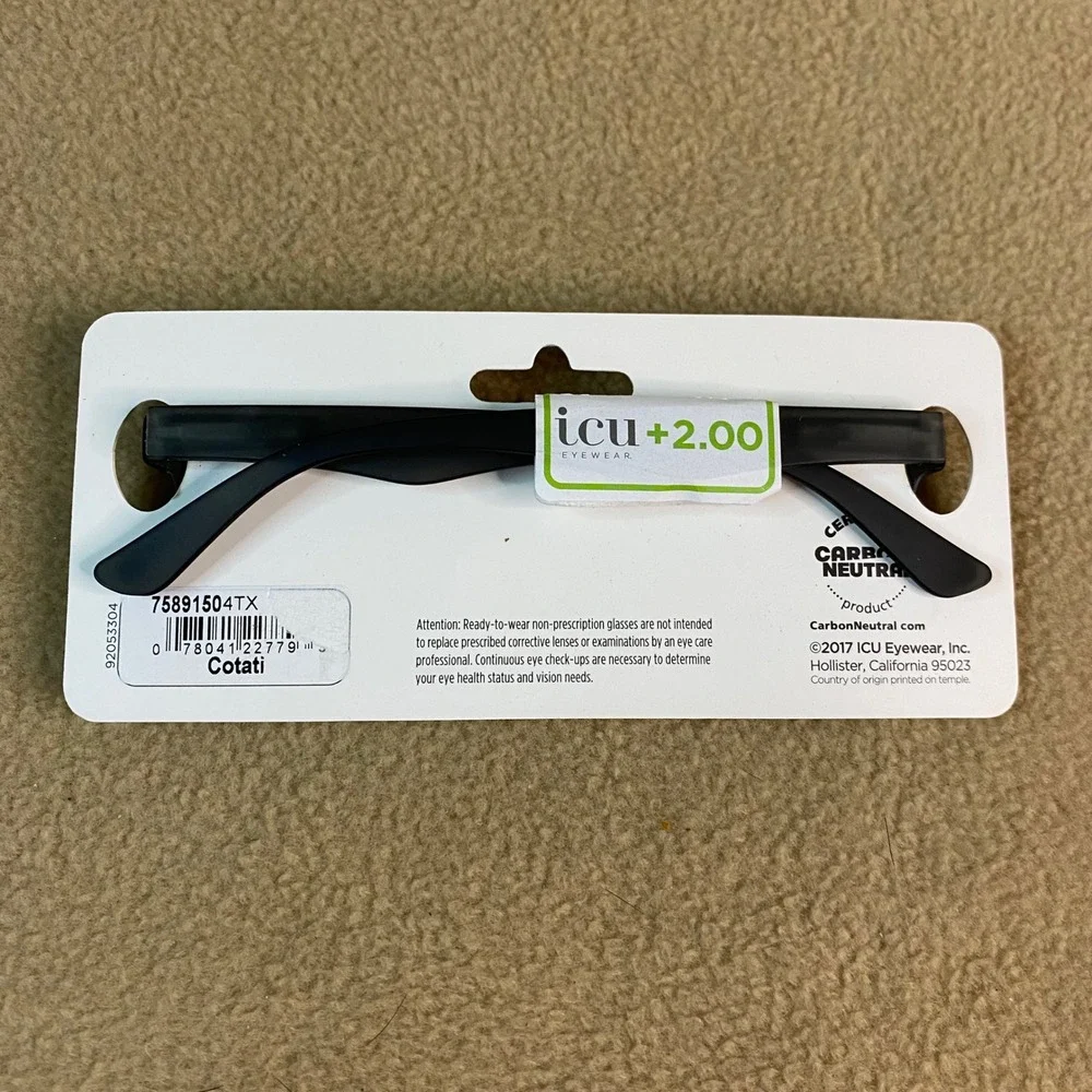 ICU Eyewear Black‎ Reading Glasses +2.00 Strength Magnify Optical Readers NWT